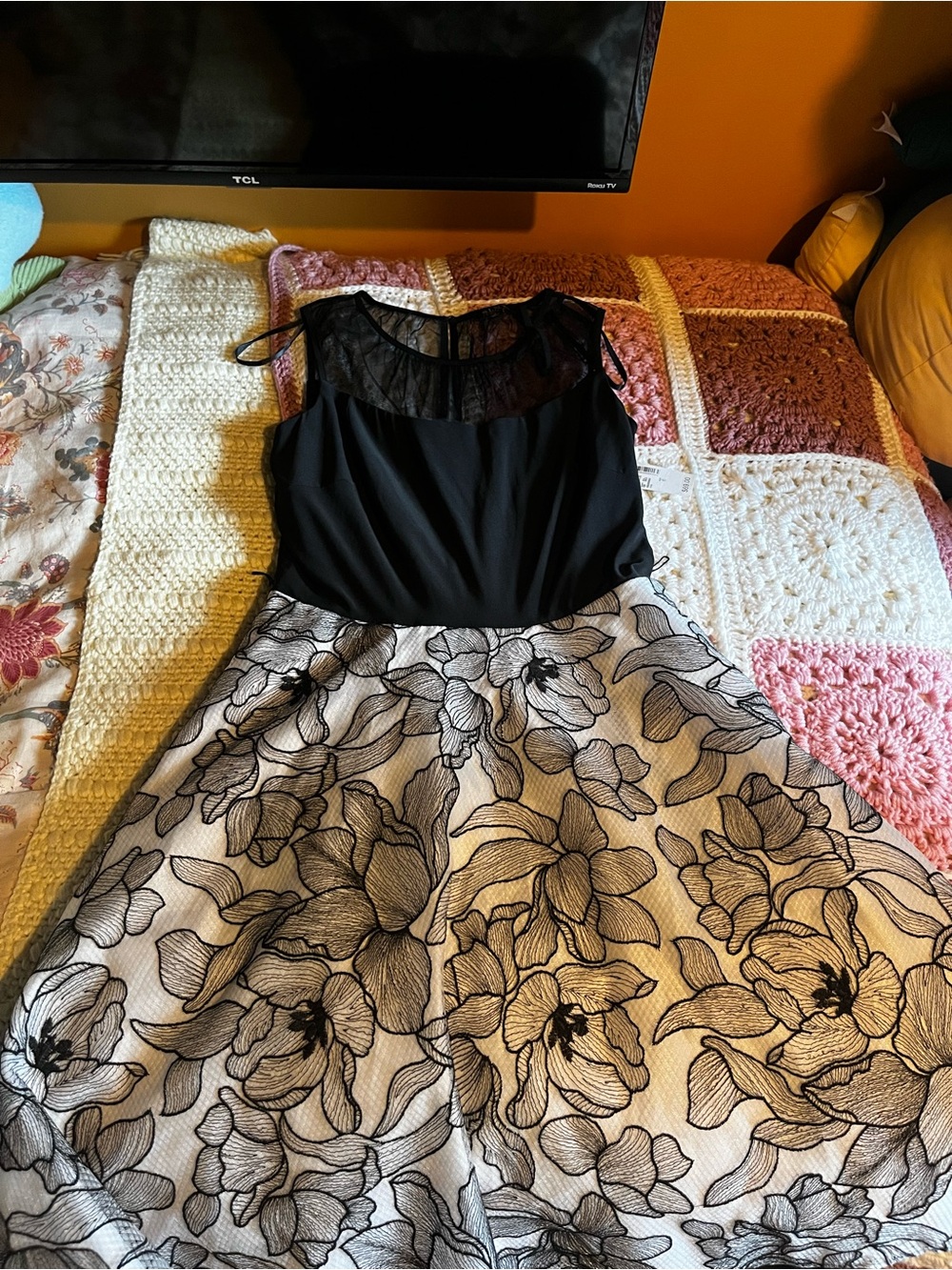 SLNY Black Mesh Bodice with White Floral Midi Skirt